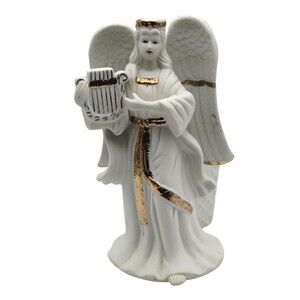 White Ceramic Angel with Harp Planter Bloom Rite Gold Trim 9"
